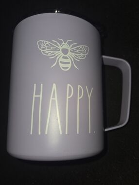 Rae Dunn Purple BEE HAPPY Tumbler Cup W/ Lid -Never Used- Wine Coffee Tea